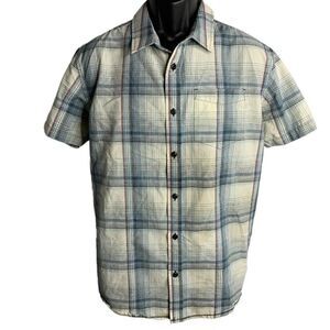 Prana Bryner Button Up Plaid Shirt L White Blue Pocket Short Sleeves Collar